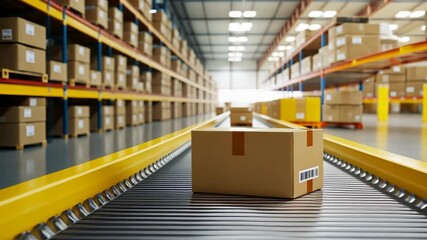 Poster - Cardboard Box on Conveyor Belt in Modern Warehouse with Shelves and Packages