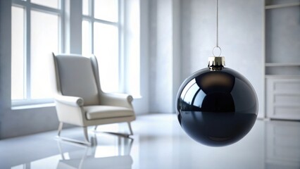 Poster - A single black Christmas ornament hangs in the foreground with a white armchair in the blurred background.