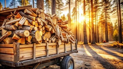 Poster - A wooden wagon loaded with firewood sits in a forest setting as the golden rays of the setting sun illuminate the scene.