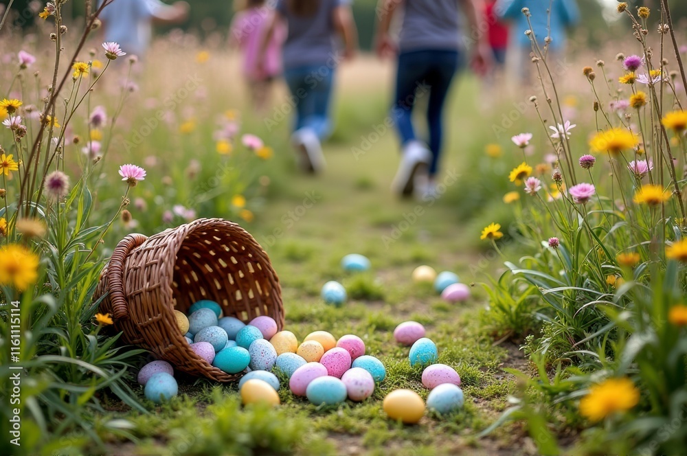 Colorful easter egg hunt in a blooming spring meadow with family fun ...