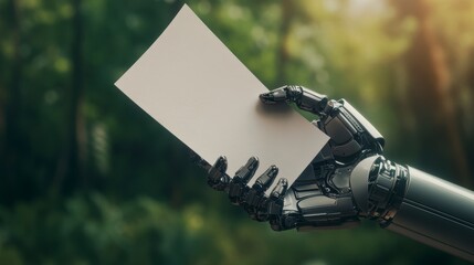 Poster - Robotic Hand Holding Blank White Paper in Natural Green Background