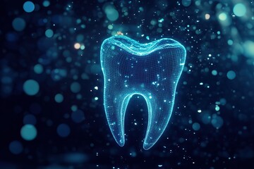 Fototapete - Digital rendering of a tooth, glowing blue against a dark background with bokeh effect.  Modern dental technology concept.