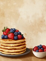 Poster - Delicious stack of golden pancakes adorned with fresh strawberries and blueberries for a delightful breakfast experience. Generative AI