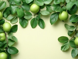 Wall Mural - A vibrant arrangement of green apples and leaves on a soft background.