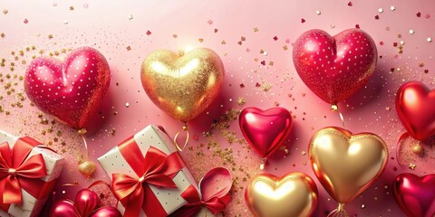 Poster - A Festive Arrangement of Heart-Shaped Balloons and Gifts, Adorned with Golden Confetti on a Soft Pink Background