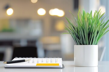 Poster - Desk calendar, pen, and plant. Modern workspace organization.