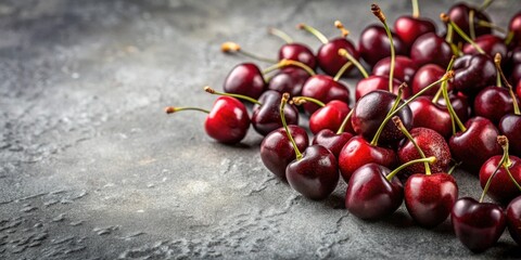 Poster - A close-up of ripe, red cherries with green stems scattered on a textured gray surface