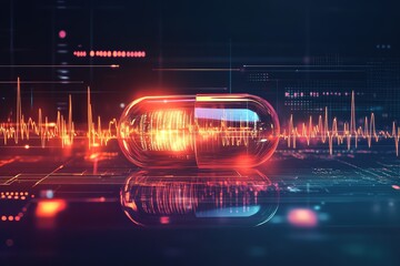Poster - futuristic capsule with digital data and heartbeat waveform. medical technology concept.
