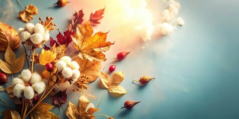 Poster - A delicate arrangement of cotton balls, autumn leaves, and dried berries against a light blue background, evoking a sense of tranquility and the beauty of nature's seasonal transformation.