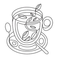 Coffee cup outline. Continuous line drawing with cup of coffee and coffee beans. Breakfast outline illustration. Line art for cafe