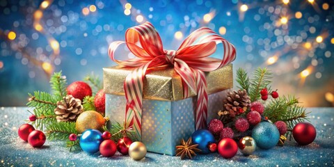 Poster - A Festive Gift Box Adorned with a Red and White Striped Bow, Surrounded by Sparkling Christmas Ornaments and Pine Branches on a Glittering Blue Background