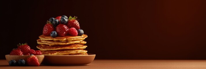 Poster - Stack of golden pancakes with fresh strawberries and blueberries on wooden table, perfect for breakfast or brunch. Generative AI