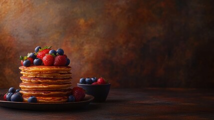 Poster - Delicious stack of golden pancakes with fresh strawberries and blueberries on a textured background. Generative AI