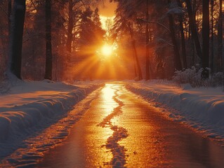 Wall Mural - A serene winter landscape with a sun setting over a snowy path.