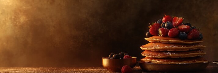 Poster - Golden pancakes stacked high with fresh strawberries and blueberries for a delightful breakfast or brunch experience. Generative AI