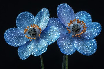 Wall Mural - Two dew-kissed blue flowers against a black background.  A stunning close-up.