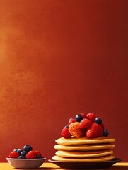Poster - Delicious stack of golden pancakes topped with fresh strawberries and blueberries on a wooden table. Generative AI