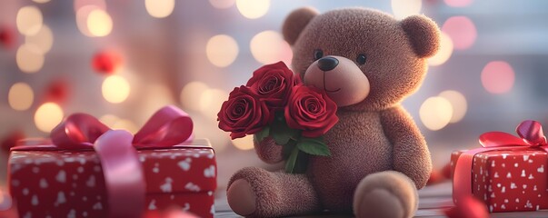 A charming teddy bear holding red roses sits beside beautifully wrapped gifts, creating a warm atmosphere perfect for love and celebration. Ideal for romantic occasions or gifts.