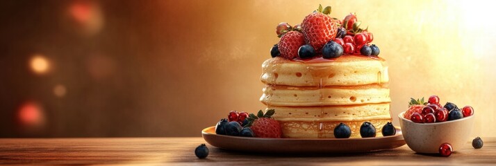 Poster - Delicious golden pancakes stacked high with fresh strawberries and blueberries on a rustic wooden table. Generative AI