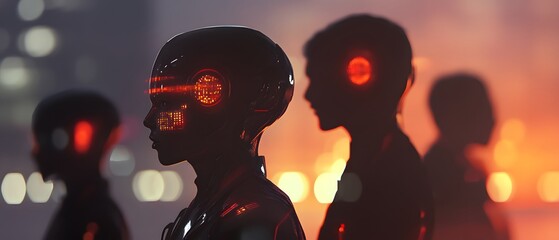 Poster - Futuristic silhouettes of humanoid robots illustrated against a neon backdrop, showcasing advanced technology and artificial intelligence in a vibrant urban environment.