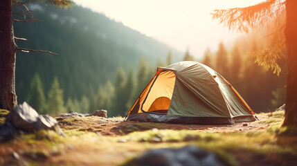 an outdoor scene featuring a tent and a gently blurred forest in the background, evoking a natural c