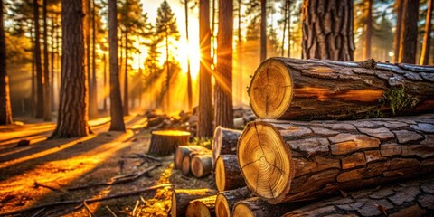 Poster - Golden Sunlight Illuminates the Forest Floor, Casting Long Shadows Through the Trunks of Ancient Trees, Where Sawn Logs Lie in Wait