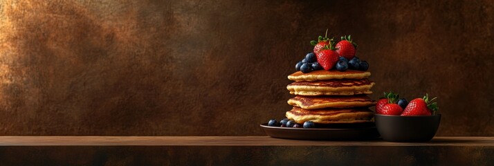 Poster - Stack of golden pancakes with fresh strawberries and blueberries on a rustic table with room for text. Generative AI