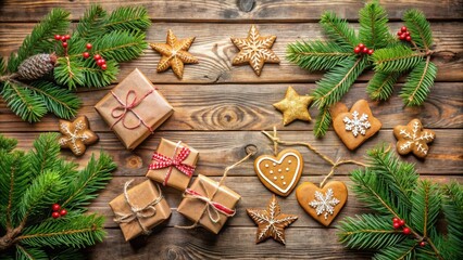 Poster - Festive Christmas Decor with Gingerbread Cookies, Wrapped Gifts, and Pine Branches on Rustic Wooden Background
