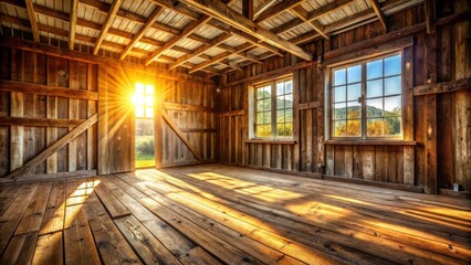 Poster - Sunlight streams through the windows of a rustic wooden cabin, illuminating the warm, weathered floorboards.