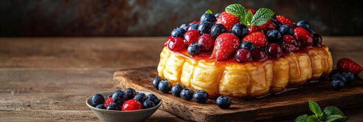 Poster - Stacks of golden pancakes topped with fresh strawberries and blueberries on a rustic wooden table with space for text. Generative AI
