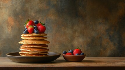 Poster - Delicious golden pancakes stacked high, garnished with fresh strawberries and blueberries for a tasty breakfast option. Generative AI