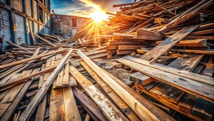 Aufkleber - A pile of discarded wooden planks bathed in the golden light of the setting sun, showcasing the raw beauty of nature's cycles.