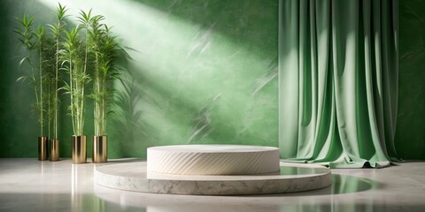 Poster - Minimalist Product Display with White Marble Platform and Green Drapery Against a Green Wall with Green Plants in Gold Pots