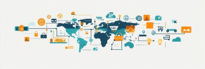 Global E-Commerce System Illustration, showcasing payment gateways, delivery routes, shopping cart icons, vibrant flat design elements, engaging layout