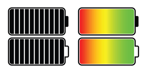 Battery charge flat icons. Battery charging, charge indicator. Vector icon of a fully charged battery.