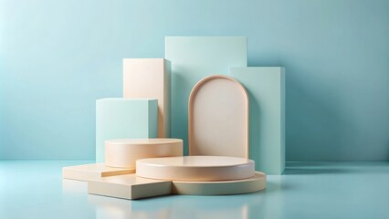Aufkleber - Abstract Minimalist Geometric Composition Featuring Pastel Blue and Beige Shapes