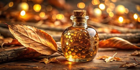 Poster - A Small Bottle of Golden Liquid Surrounded by Autumn Leaves and Twigs, Illuminated by Warm, Festive Lights