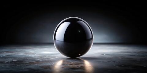 Poster - A single black orb resting on a metallic surface, illuminated by a subtle spotlight from the background, creating a striking contrast and emphasizing the sphere's smooth, reflective texture.