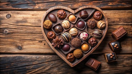 Aufkleber - Assortment of assorted gourmet chocolates arranged in a heart shaped wooden box on a rustic wooden background