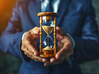 Man is holding a sand timer in his hand. Concept of urgency and the importance of time