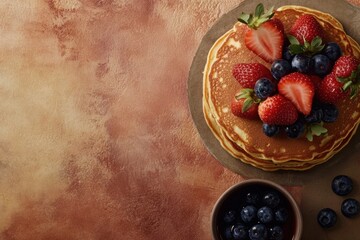Poster - Delicious stack of golden pancakes topped with fresh strawberries and blueberries on a rustic table. Generative AI