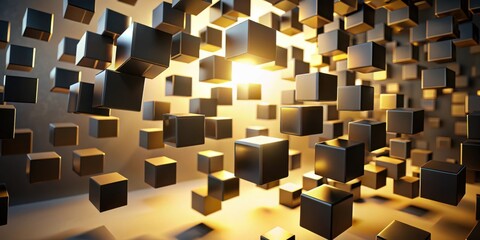 Aufkleber - A mesmerizing abstract display of floating black cubes arranged in a chaotic pattern, bathed in warm, golden light, creating a sense of depth and movement.