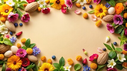 Poster - A delicate frame of colorful flowers, leaves, and seeds, creating a vibrant and natural border around a soft, beige background.