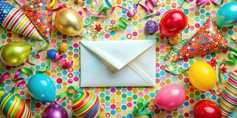 Poster - A blank white envelope lies among colorful confetti, balloons, and party hats, creating a festive backdrop for a special message.