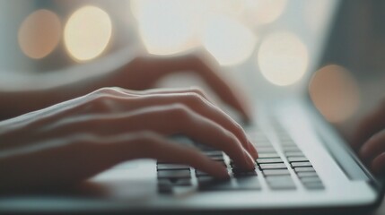 Poster - Close-Up of Hands Typing on Laptop Keyboard with Soft Background