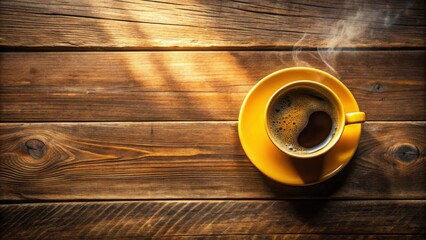 Poster - A Steaming Cup of Coffee on a Rustic Wooden Table with a Sunbeam Shining Through