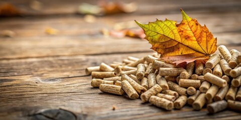 Aufkleber - A pile of wooden pellets and a fallen autumn leaf on a rustic wooden table