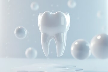 Sticker - A single, gleaming white tooth, suspended against a soft blue backdrop.  Perfect dental health concept.