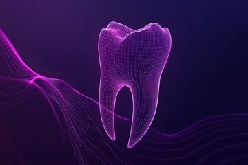 Fototapete - Wireframe model of a tooth, digitally rendered against a dark purple background with flowing lines.