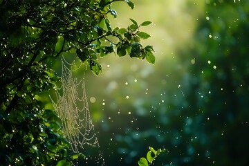 Spider web with dewdrops in morning sunlight. Nature background